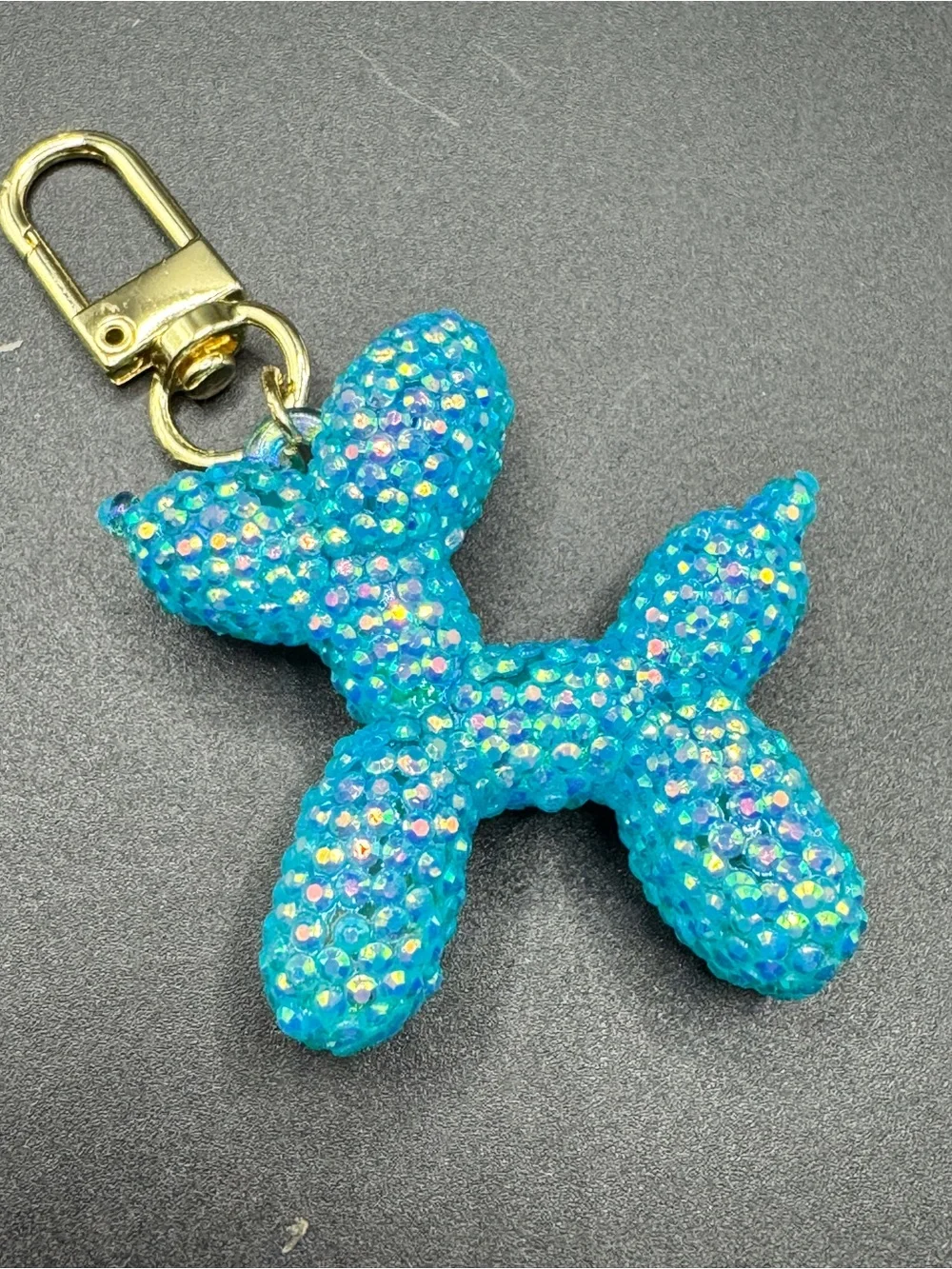 Hand Blinged Aqua Balloon Dog Bag Charm Keychain Resin Rhibestones